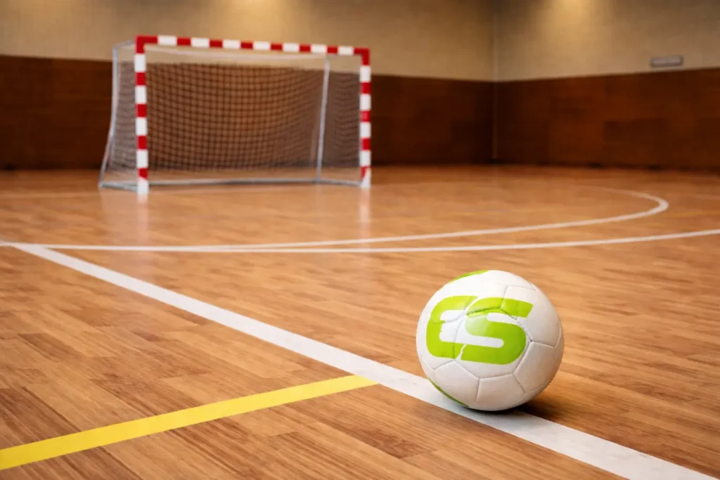 Campo de fútbol sala en pabellón cubierto con suelo de parquet en Barcelona, ideal para entrenamientos y ligas amateur